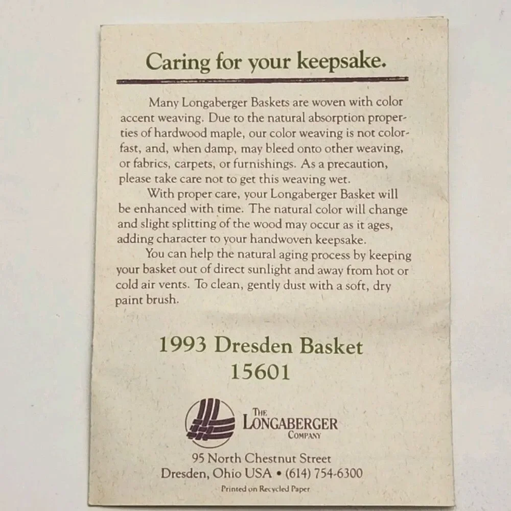 Longaberger Basket Dresden 1993 Edition w/Protector Flag Charm Woven Collectible